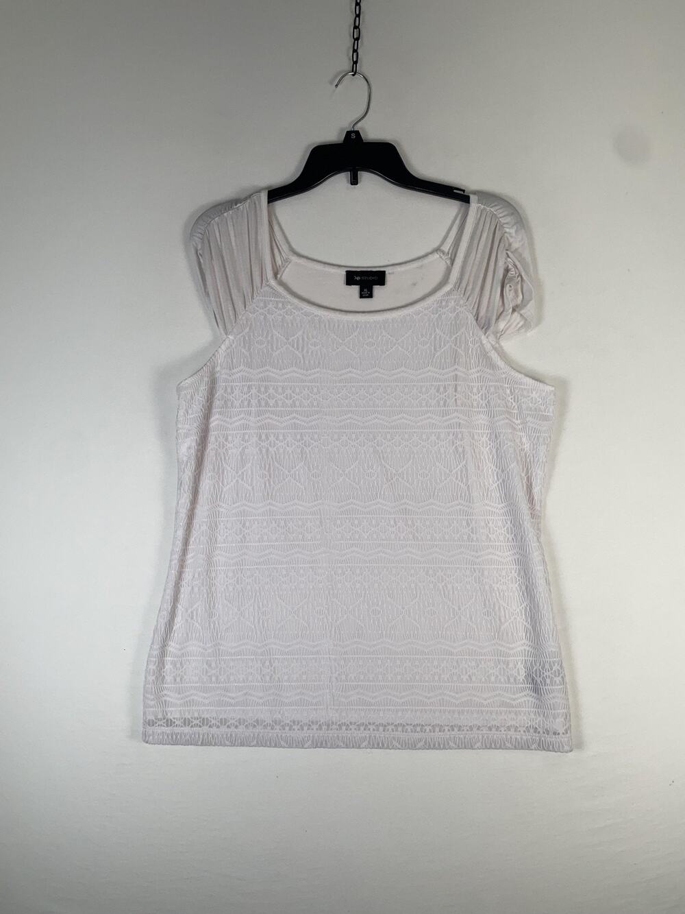 AB Studio Blouse Women's XL White Short Sleeve Lace Rayon Spandex Geometric